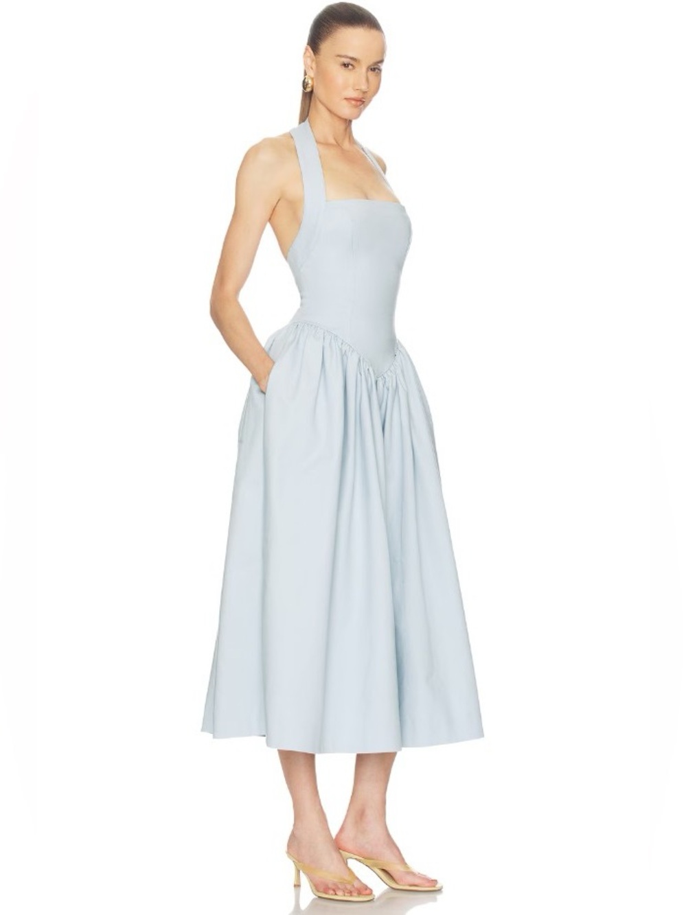 Helsa Powder Blue Halter Open Back Basque Waist Corset Midi Dress NWOT - Picture 3 of 4